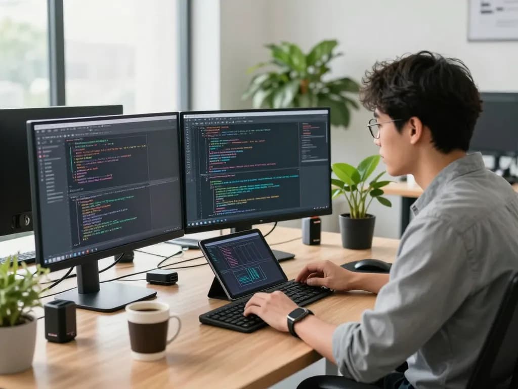 快连 in a modern workspace showcasing a developer coding at dual monitors, surrounded by tech gadgets and natural light.