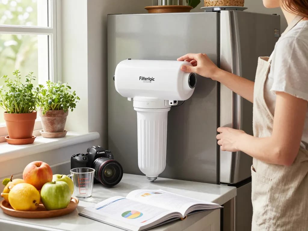 Changing the Filterlogic DA29-00020B Refrigerator Water Filter in a bright kitchen filled with fresh fruits and herbs.
