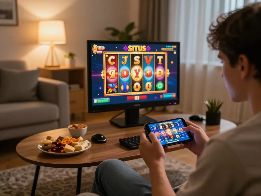 Player enjoying SITUS LIGALGO slot games on a mobile device in a cozy home setting.