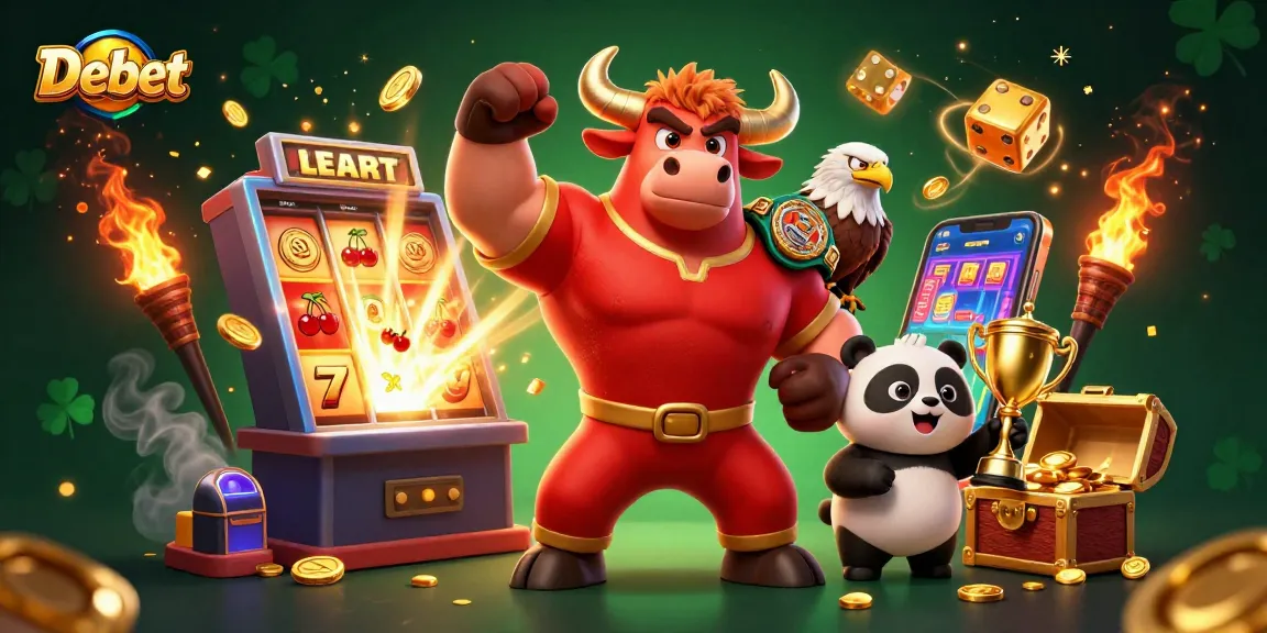 Celebrate victories with Debet, as a muscular bull and friends win big in a vibrant casino scene.