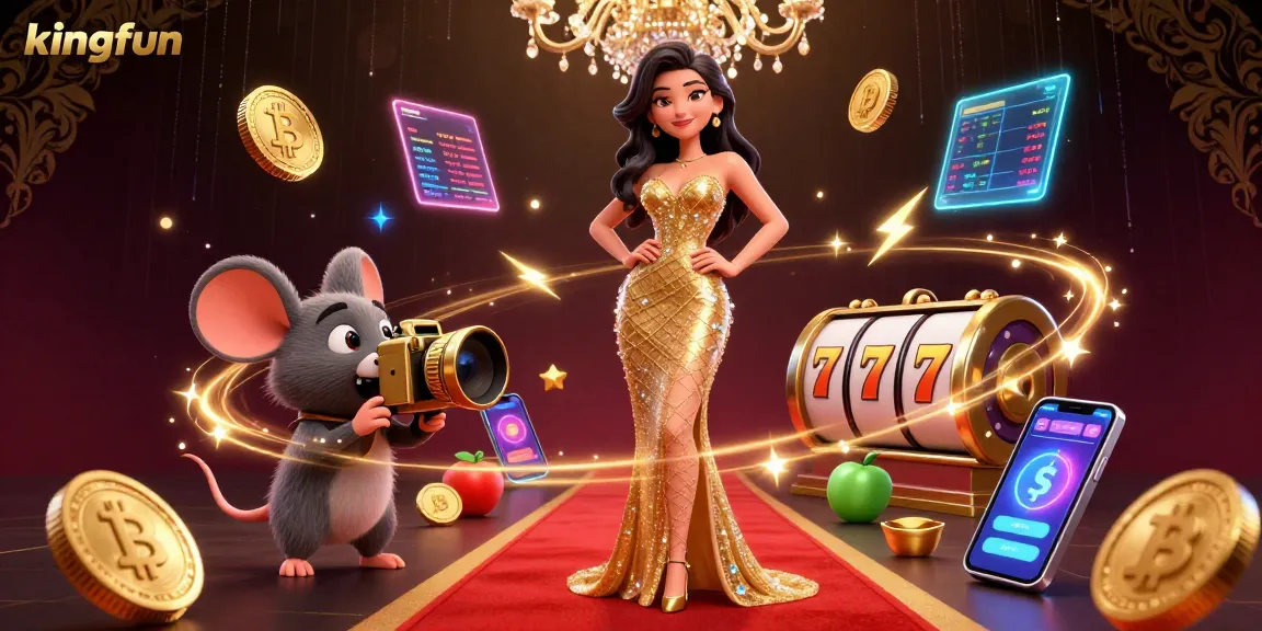Win big at kingfun with thrilling slot games, represented by vibrant 3D coins and dynamic characters.
