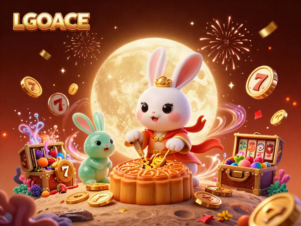 LGOACE slot-themed illustration showing a moon rabbit with casino elements amidst festive fireworks.