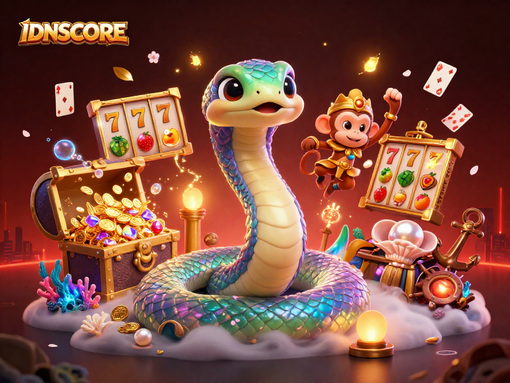 IDNSCORE offers an engaging gaming experience with vibrant slots and fun elements in a dynamic scene.