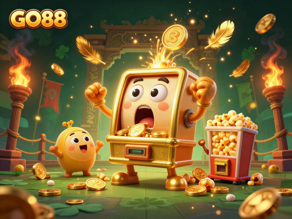 GO88 slot machine celebrates a jackpot win with coins, gold elements, and vibrant action.