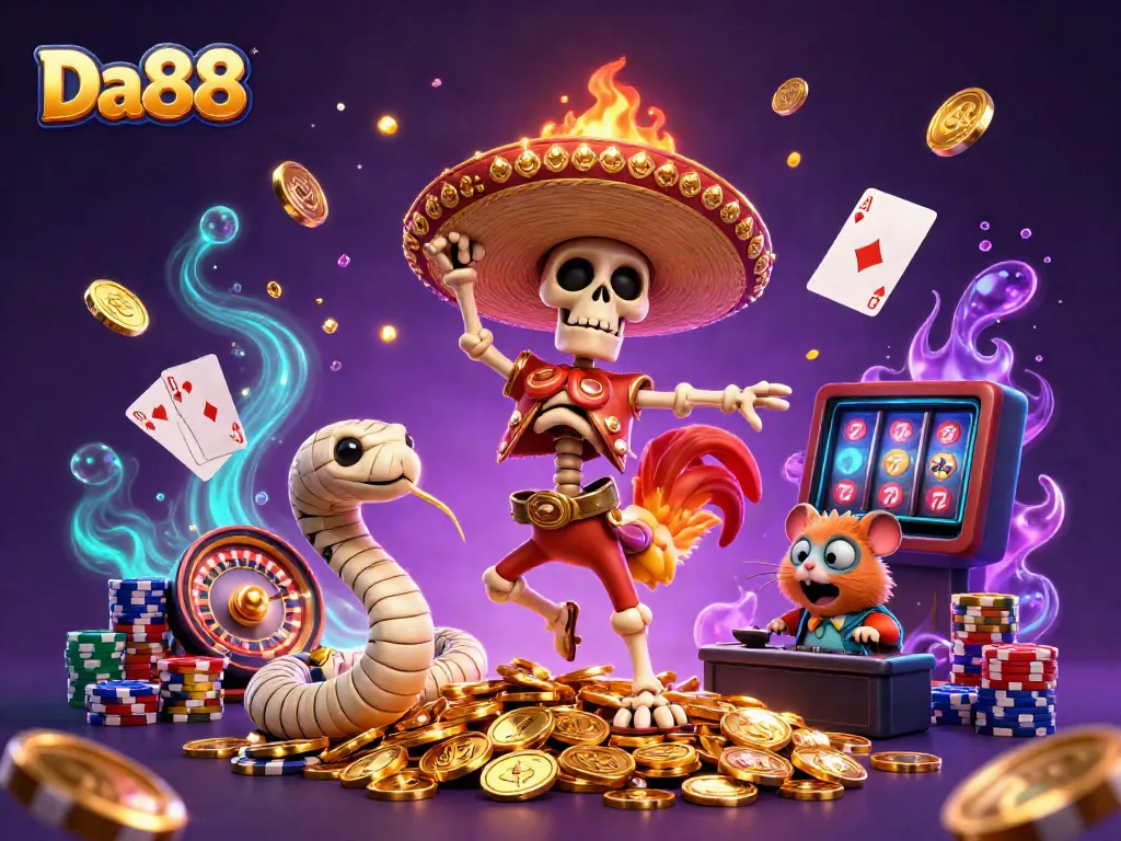 Experience thrilling gaming at Da88 with a colorful 3D illustration of a mariachi rooster, mummy snake, and DJ hamster.