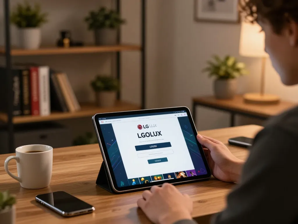Engaging in the LGOLUX LOGIN interface on a tablet in a cozy home gaming setup.