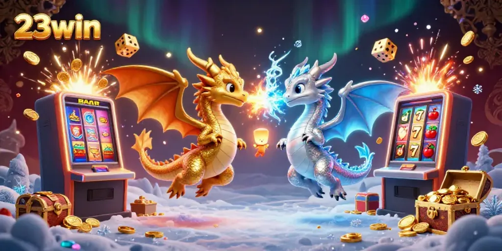 Engage with the exciting world of 23win, featuring dynamic casino elements and thrilling dragon imagery.