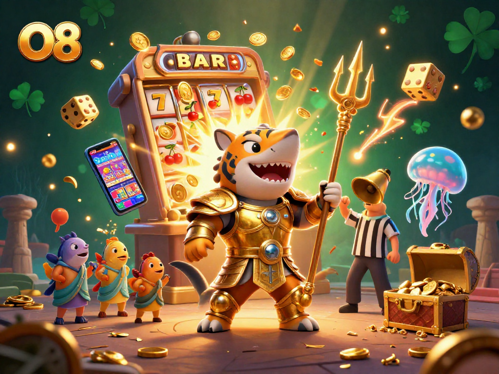 Experience the thrilling casino world of O8 with a vibrant underwater scene featuring a gladiatorial shark amidst jackpot excitement.
