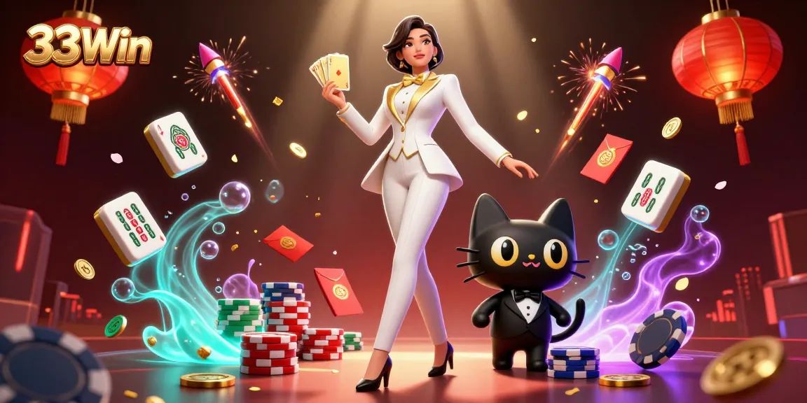 Engage with stunning visuals at 33Win casino, featuring a glamorous dealer and vibrant game elements.