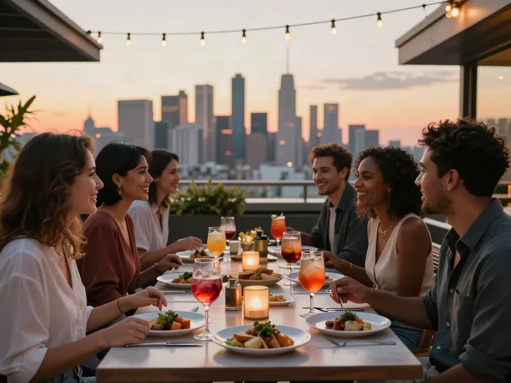 Enjoying an evening at NoHu rooftop restaurant with city skyline views.