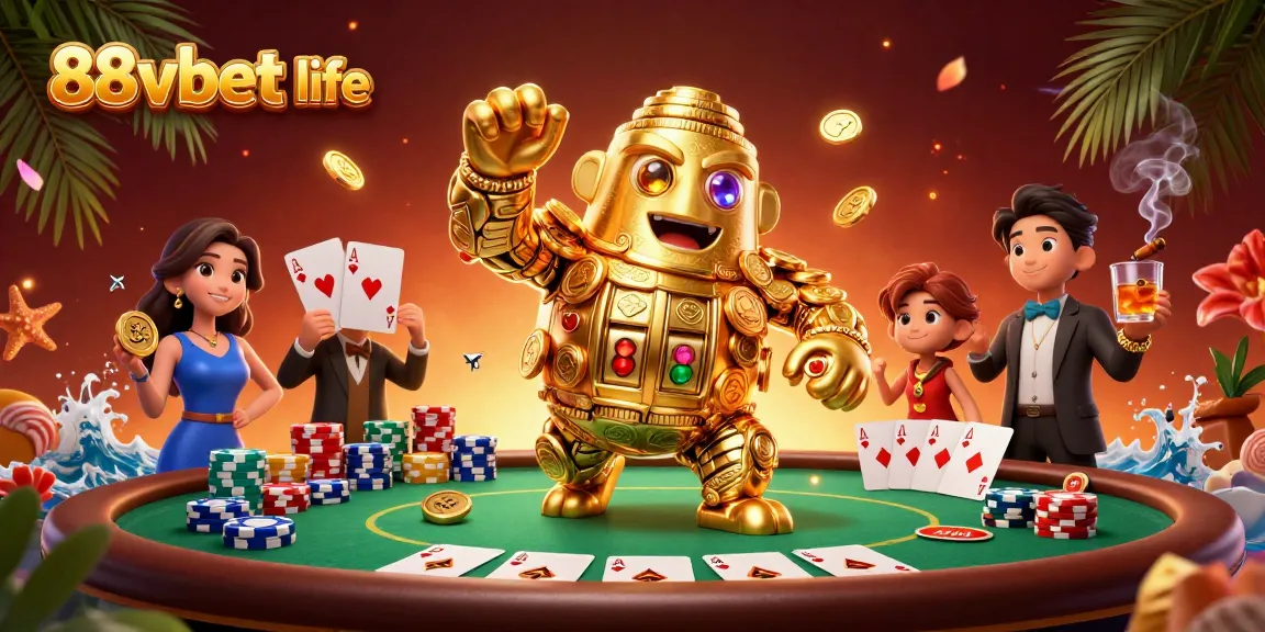 Experience thrilling moments at 88vbet life with a vibrant casino scene featuring gold, poker elements, and joyful excitement.