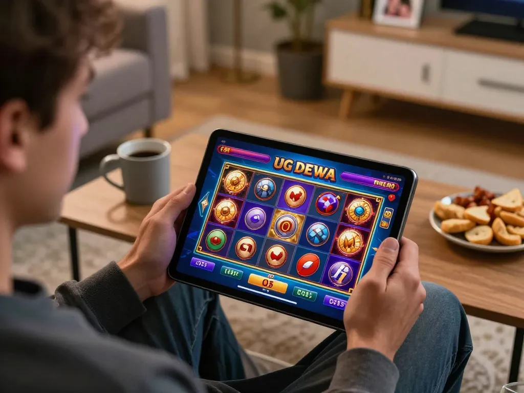 Engaging with UG DEWA on a tablet during a cozy online gaming session at home.