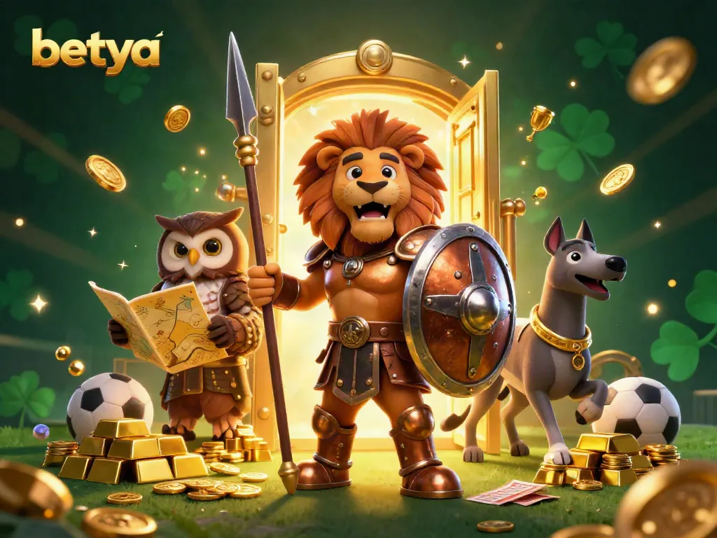 Betya sports betting scene with a Spartan lion, tactical owl, and greyhound amidst piles of treasure and sports elements.