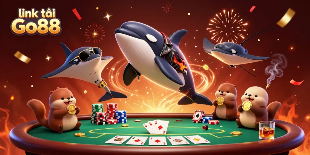 Engage with the excitement of casino gaming in this vibrant "link tải Go88" themed 3D illustration featuring charming underwater characters.