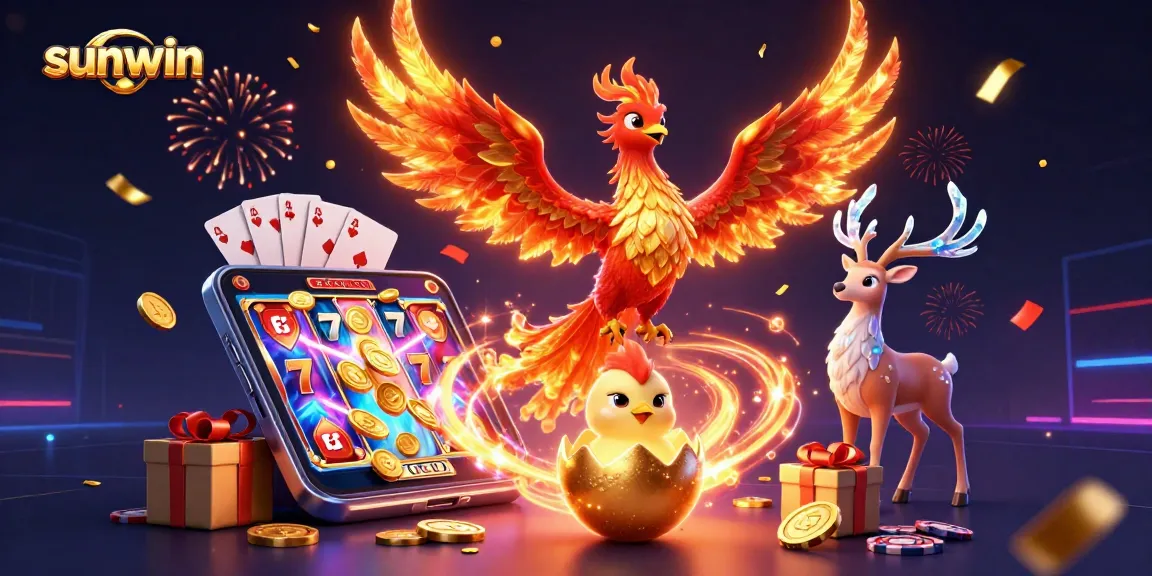 Experience sunwin's thrilling slot games with vibrant phoenixes and dynamic casino elements.