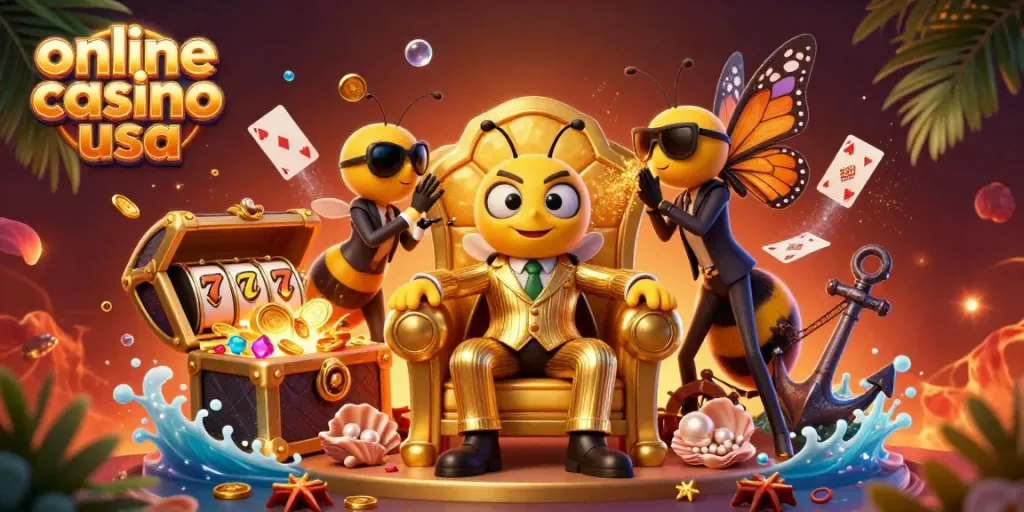 Engage with the vibrant online casino usa scene featuring a bumblebee mob boss and treasures.