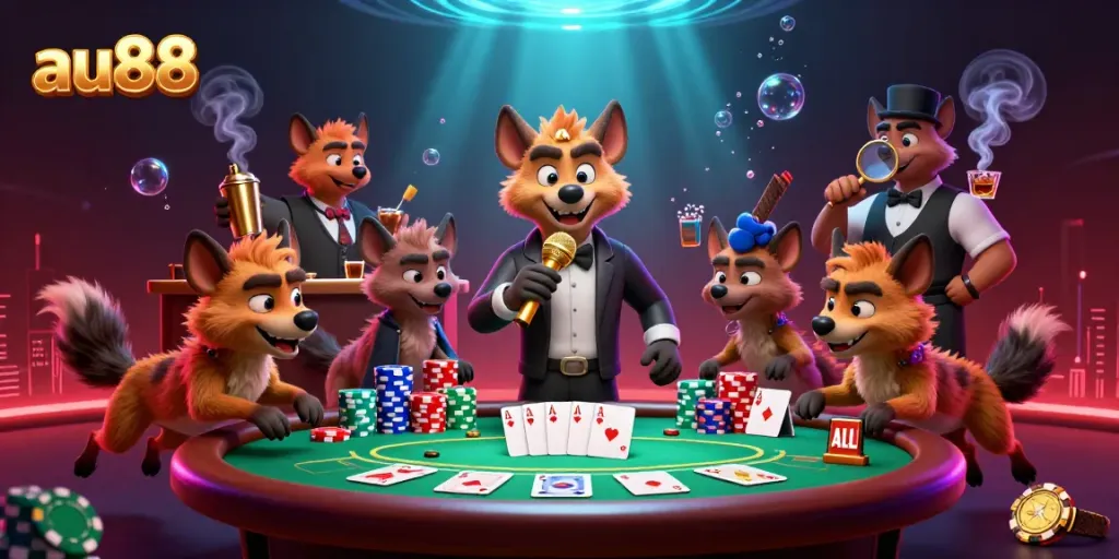 Experience the energy at au88's comedy casino with hyenas in a vibrant casino scene.