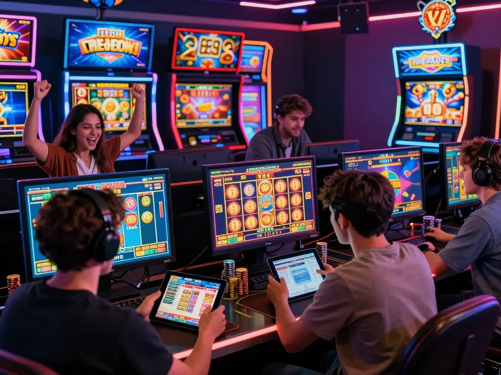 Players enjoying the excitement of online slots at vegasslot77, featuring colorful graphics and dynamic interactions in a vibrant gaming atmosphere.