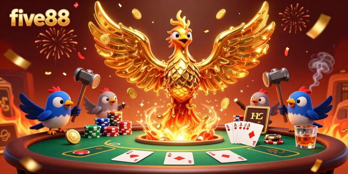 Experience thrilling action at five88 with a phoenix emerging from gold, surrounded by poker elements.