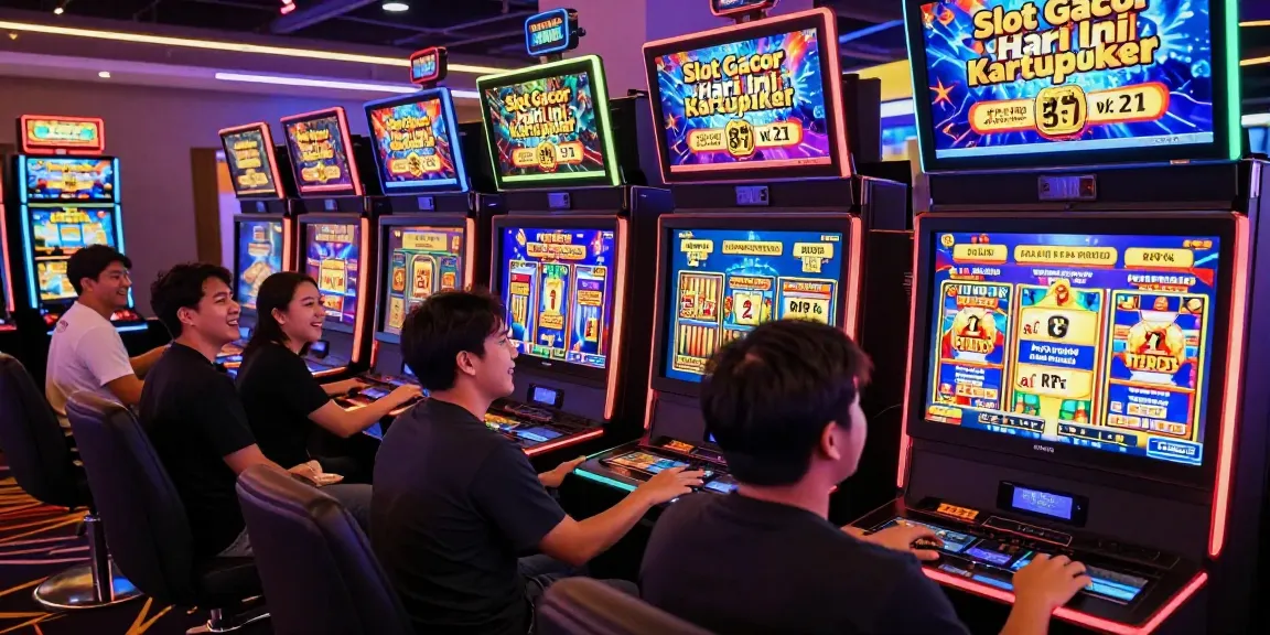 Players enjoying Slot Gacor Hari Ini Kartupoker in a vibrant online casino setting with colorful game displays.