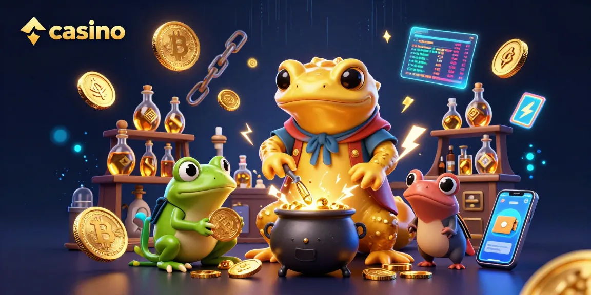 Engage in casino excitement with a golden alchemist and vibrant crypto elements.