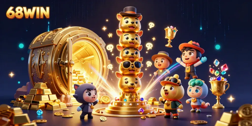 Experience thrilling gaming action with 68WIN’s vibrant casino illustration featuring a golden totem and treasures.