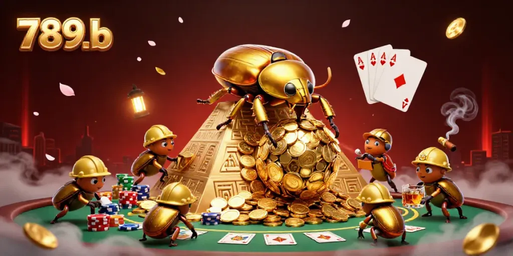 Experience thrilling gameplay with 789b as giant golden beetles roll coins and vibrant casino elements surround them.