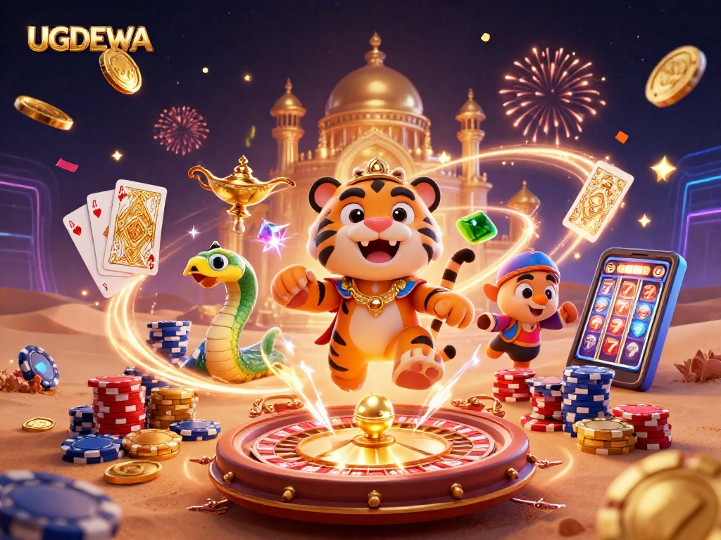 Engage with UGDEWA for thrilling gameplay, featuring a vibrant casino scene with gold coins and exciting game elements.