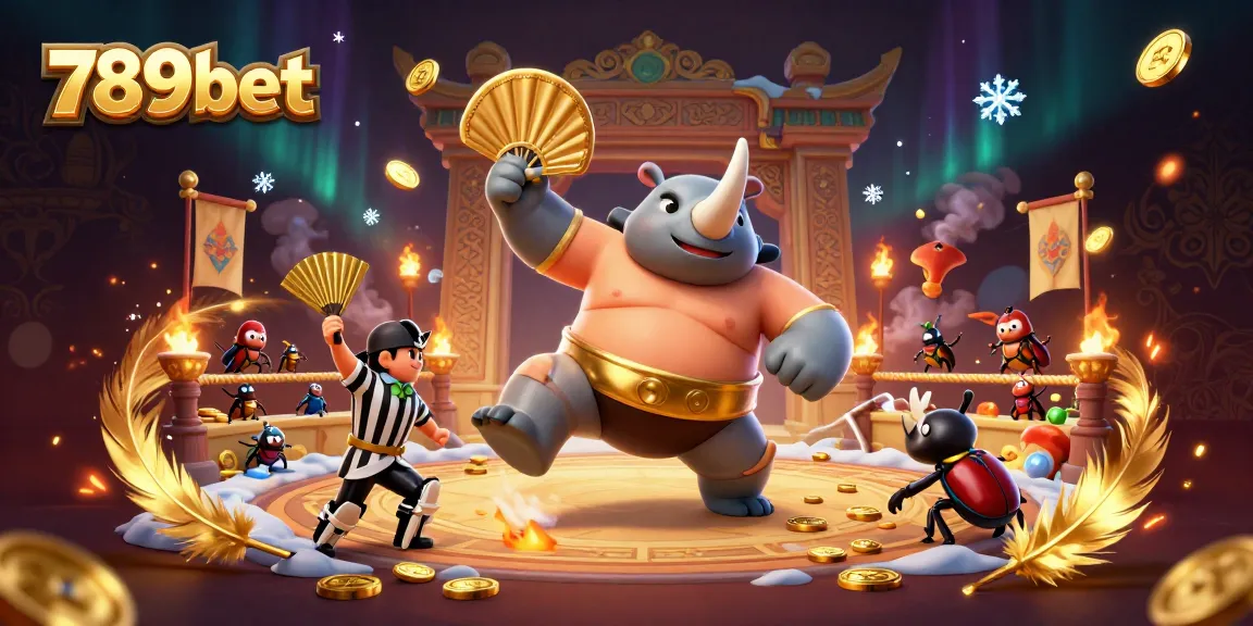 Immerse yourself in 789bet action with a rhinoceros beetle champion amidst dazzling casino elements.