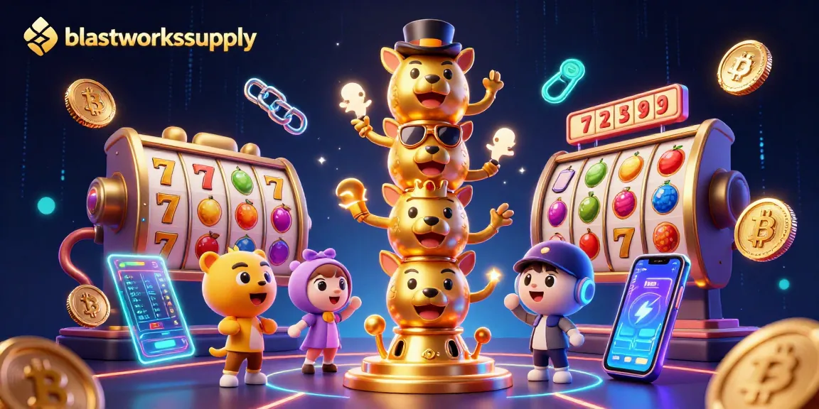 Engage in thrilling slot gaming at blastworkssupply with vibrant totem characters and crypto elements.