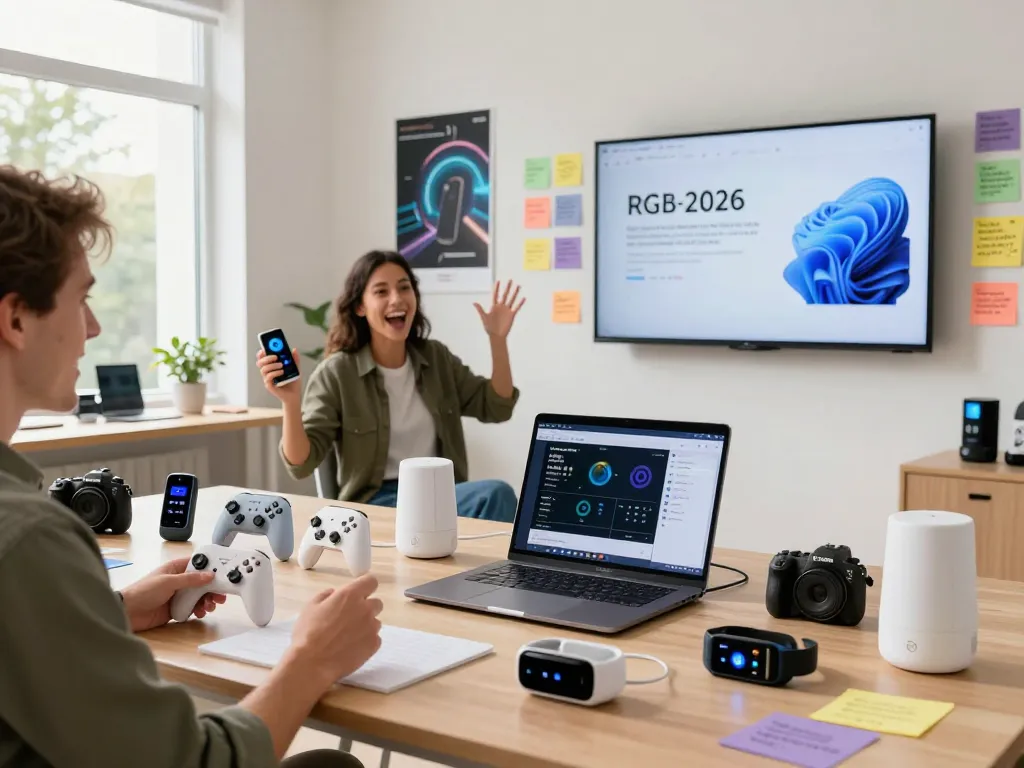 Showcasing innovative tech gadgets in a modern workspace with bright lighting.