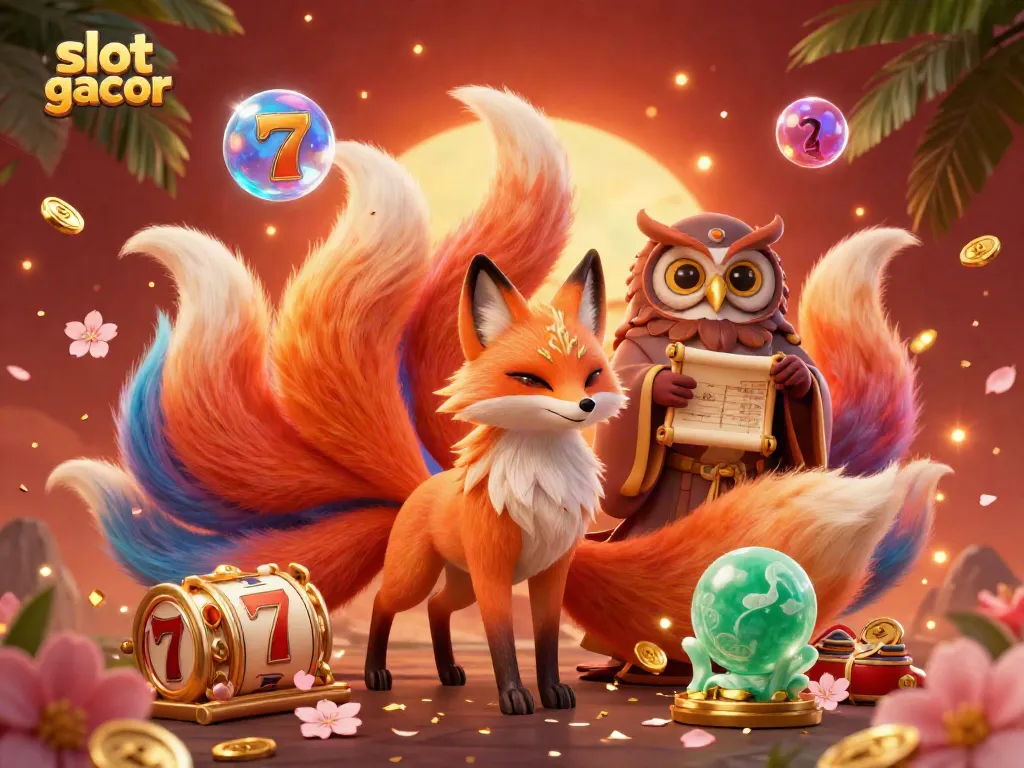 Engage with the vibrant slot gacor spirit scene, showcasing colorful fox with slot reels and festive decor.