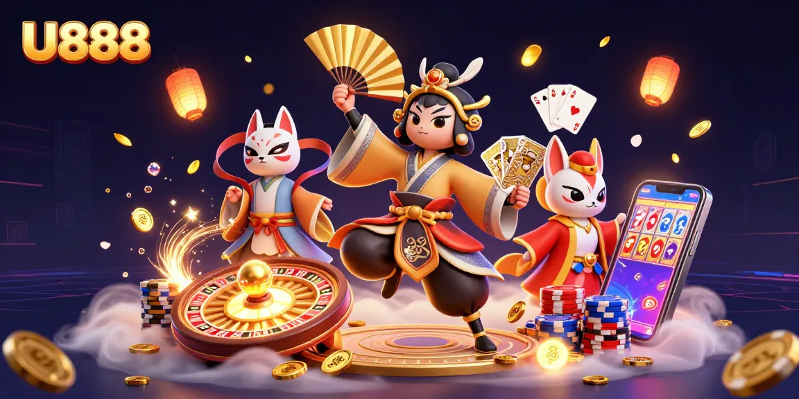 Experience excitement at U888 with vibrant gaming elements and dynamic characters in a lively casino setting.