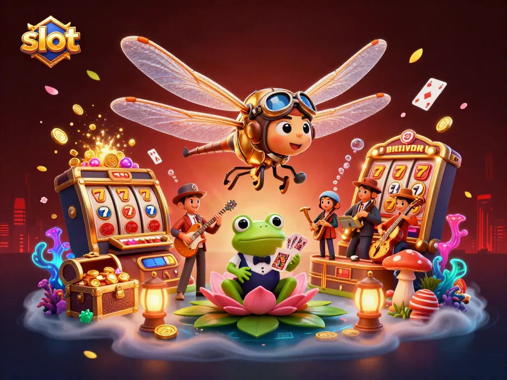 Experience a vibrant slot gaming world with a dragonfly pilot, frog croupier, and jazz-playing crickets in a 3D scene.
