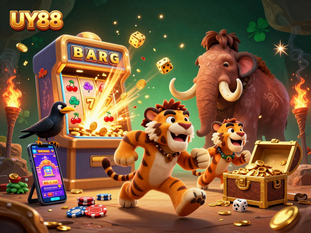Experience the excitement of UY88's prehistoric casino with dynamic gaming elements and vibrant visuals.