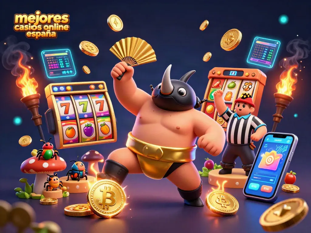 Ilustración de los mejores casinos online en España con un sumo rinoceronte y monedas volando.