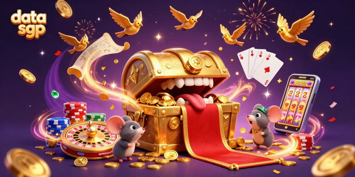 Engage with data sgp through a vibrant, dynamic 3D illustration filled with riches and gaming elements.