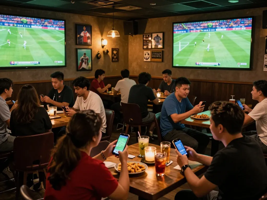 Engaged patrons using kèo nhà cái to place bets while enjoying live football match