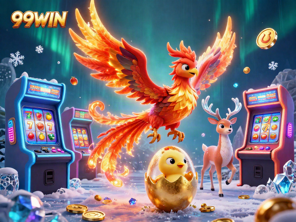 Experience thrilling wins with 99WIN in a vibrant casino scene featuring phoenixes and game elements.
