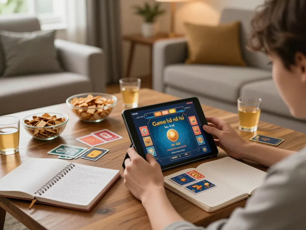 Engaging scene of a player enjoying Game bài nổ hũ on tablet in cozy living room.