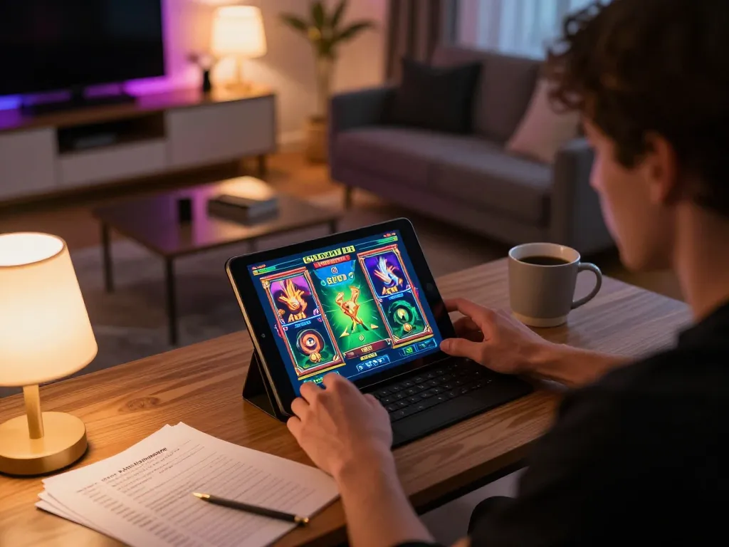 LGO SUPER immersive gaming experience with player engaged in thrilling slot action at home.