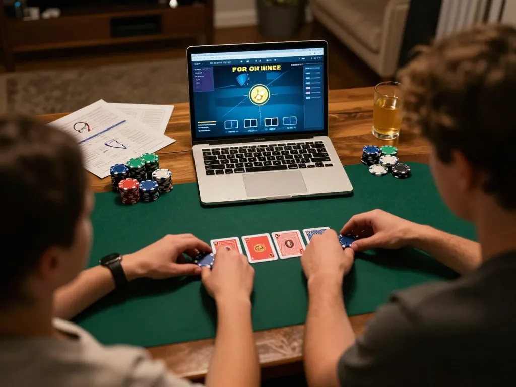 Engaging in online casino with LOTO188 TRANG CHỦ on laptop while surrounded by strategy notes and poker chips