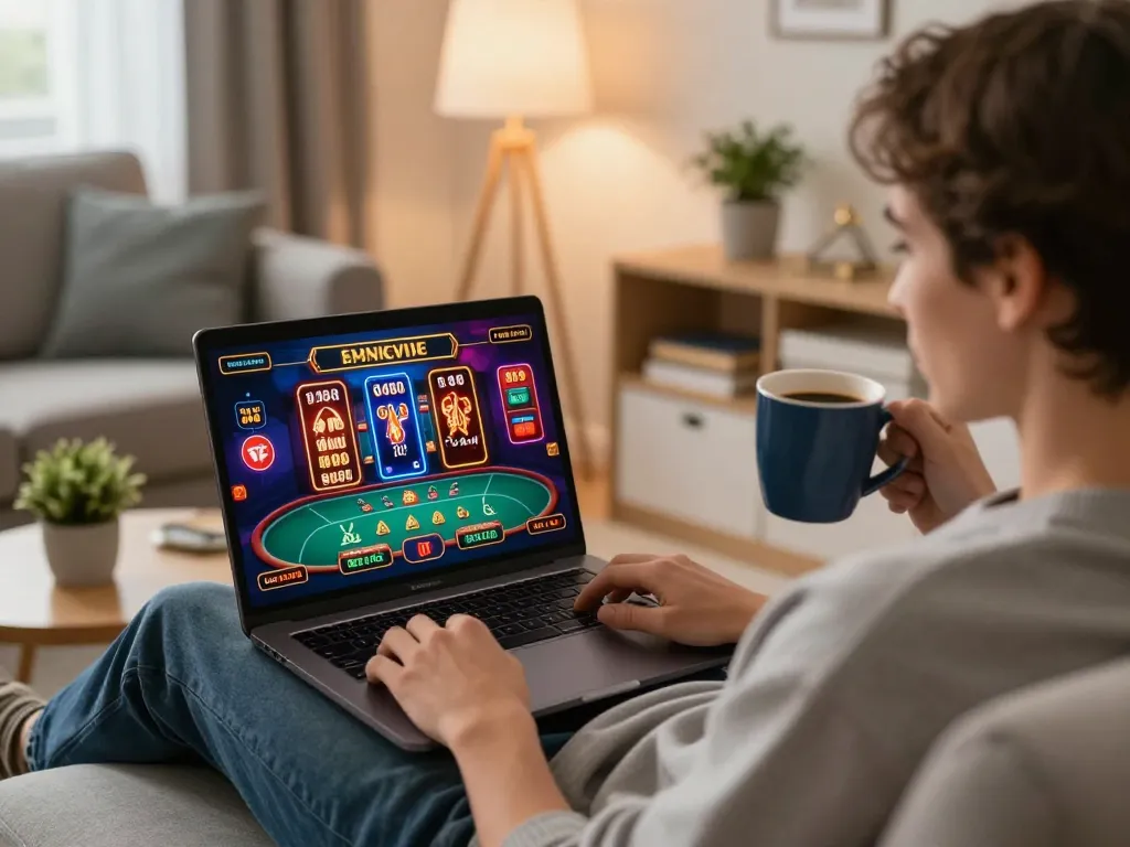 A person plays tr88 con online casino games on a laptop in a cozy living room, blending fun with strategy.