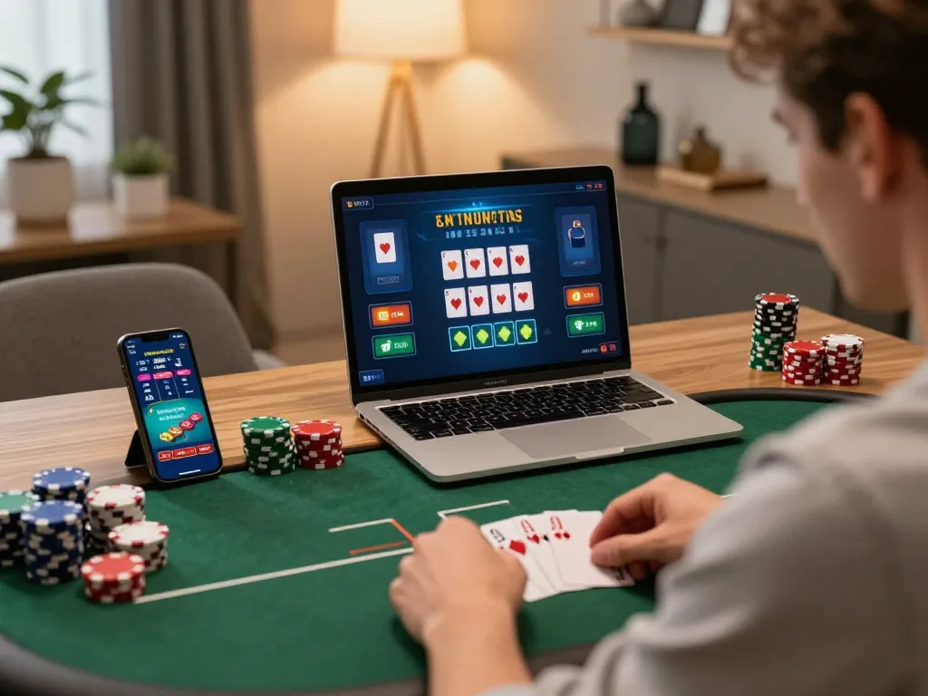Engaging online poker gameplay, DAFTAR IDNSCORE through strategic decisions, cozy home setting.