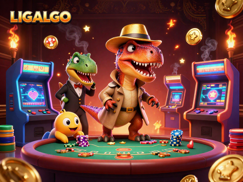 LIGALGO offers a vibrant gaming scene with cartoon dinosaurs at a blackjack table amidst colorful arcade elements.