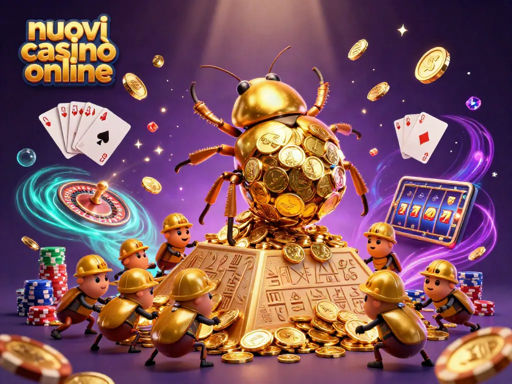 Scopri i nuovi casinò online con simboli di gioco e monete d'oro in un'illustrazione vibrante.