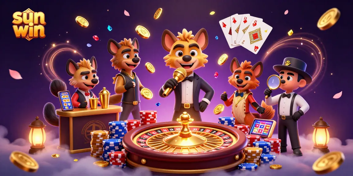Win at sun win with a lively casino scene illustrating hyenas at a comedy show, creating excitement in gaming.