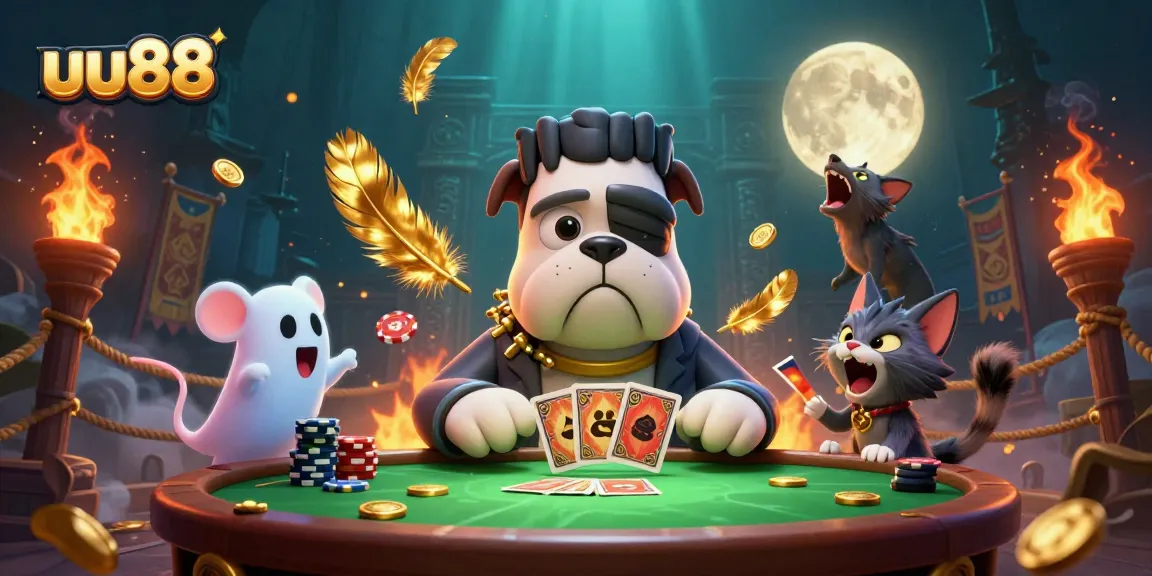 uu88 showcases thrilling card dealing by a Frankenstein bulldog and gold moon howling kitten.