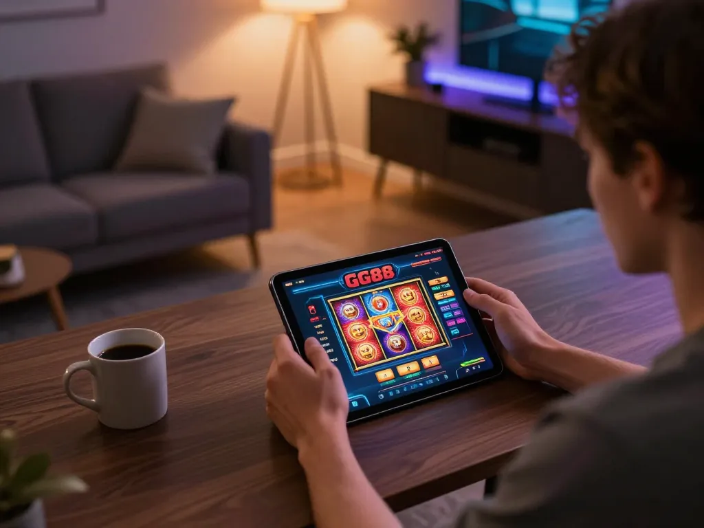 Player exploring GG88 casino app on tablet in a cozy home office setting, capturing engaging online gaming atmosphere.