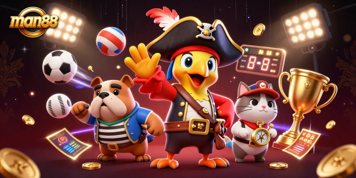 man88 captures a dynamic casino scene with a parrot captain leading a bulldog and cat over sports elements.